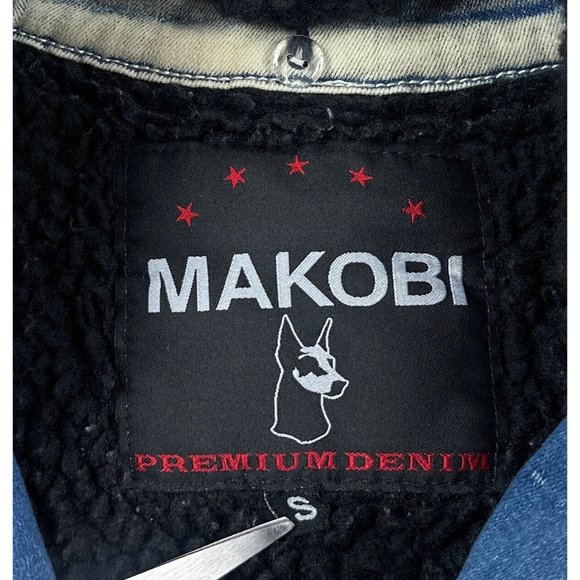 Makobi Mens Small Blue Plaid Full Zip Denim Jean Sherpa Jacket Distressed M1035 - Picture 8 of 11